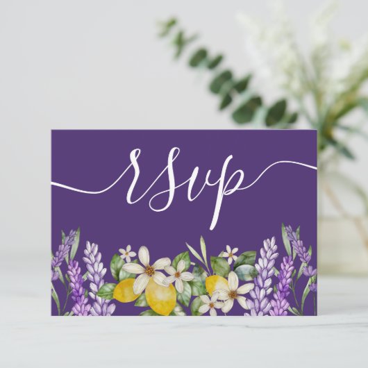 Boho Lemons & Lavender Wedding RSVP Karte (Stehend Vorderseite)