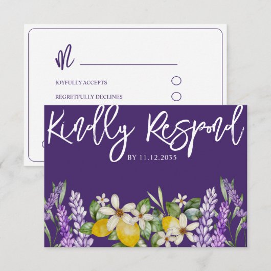 Boho Lemons & Lavender Wedding RSVP Karte (Vorne/Hinten)