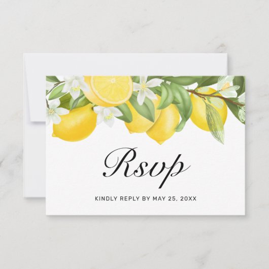 Boho Lemons White Floral Greenerity Wedding RSVP Karte (Vorderseite)