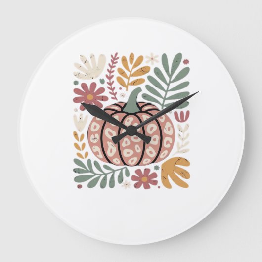 Boho Leopard Kürbis Herbst � Retro Herbst Floral H Große Wanduhr (Vorderseite)