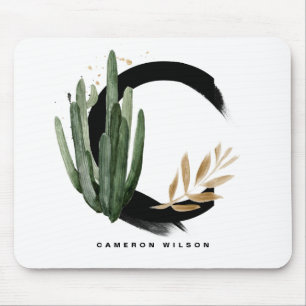 Boho Letter C Monogram Watercolor Tropical Cactus Mousepad