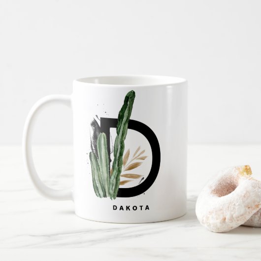 Boho Letter D Monogram | Tropisches Kaktus-Monogra Kaffeetasse (Mit Donut)