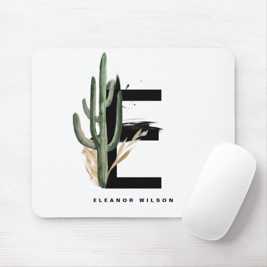 Boho Letter E Monogram | Tropisches Kaktus-Monogra Mousepad (Mit Mouse)