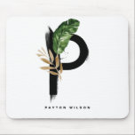 Boho Letter P Monogram Palm Blätter Tropical Mousepad<br><div class="desc">Individuell anpassbare Buchstaben P Monogramm Mousepad mit tropischen Palmenblättern in Aquarellfarbe,  Imitaten Blattgold und schwarzen Aquarellpinsel Akzente. Personalisieren Sie dieses Mousepad in tropischer Monografie nach Ihrem Namen oder anderen Details. Dieses Mousepad mit dem Buchstaben P Monogramm wird als Geschenk perfekt sein. Andere Briefe sind verfügbar.</div>