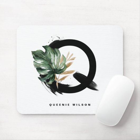 Boho Letter Q Monogram Tropical Monstera Leaf Mousepad (Mit Mouse)