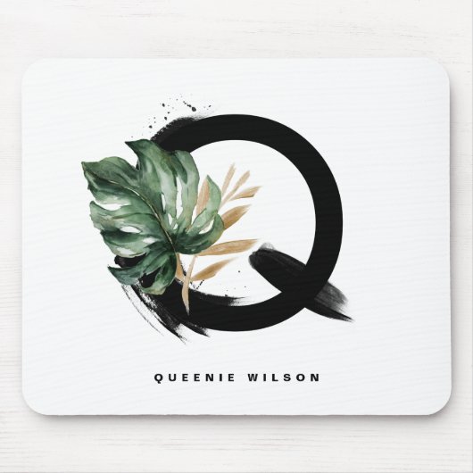 Boho Letter Q Monogram Tropical Monstera Leaf Mousepad (Vorne)