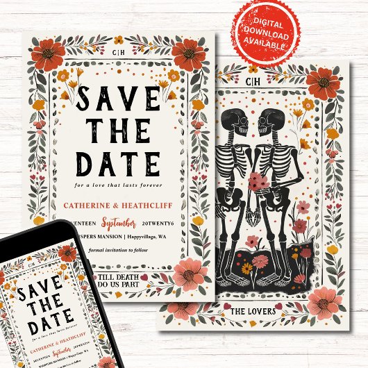 Boho Letterpress Skeleton Hochzeitsankündigung Einladung
