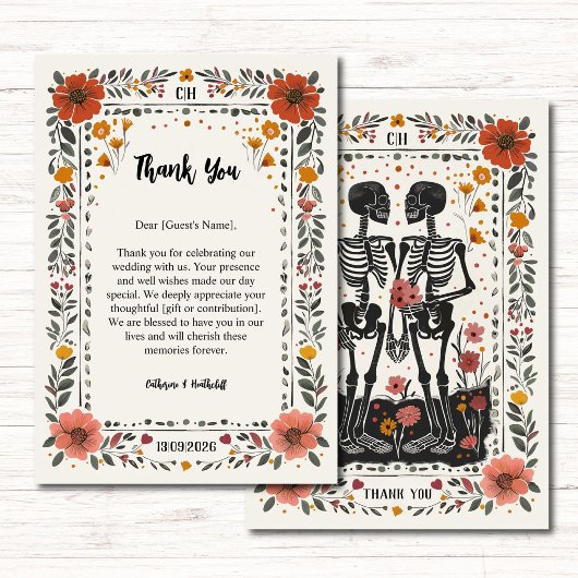 Boho Letterpress-Stil Skelett-Tarot-Hochzeit Dankeskarte