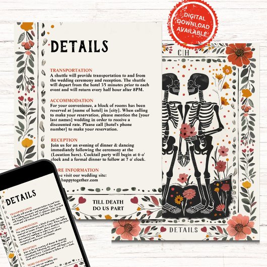 Boho Letterpress Style Skeleton Tarot Details Einladung