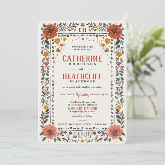 Boho Letterpress Style Skeleton Tarot Wedding Einladung (Stehend Vorderseite)