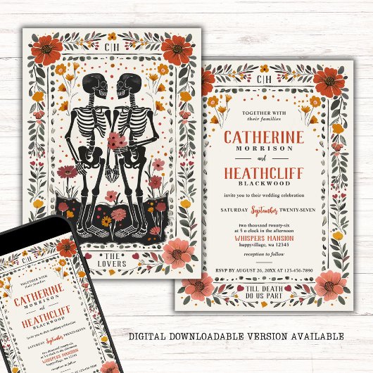 Boho Letterpress Style Skeleton Tarot Wedding Einladung