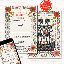 Boho Letterpress Style Skeleton Tarot Wedding RSVP Einladung