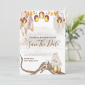 Boho-Lichterkette Makramee Federn Kuchen chic Save The Date (Stehend Vorderseite)