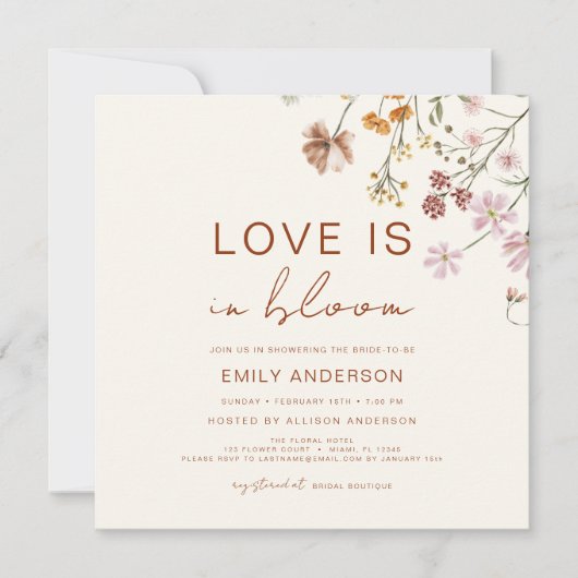 Boho Liebe ist in Bloom Wildblume Brautparty Einladung (Vorderseite)