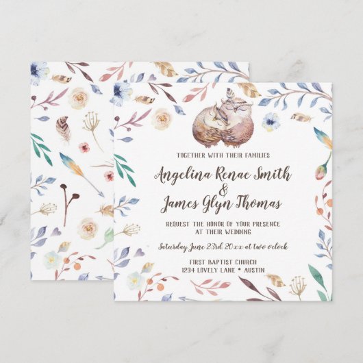 Boho Liebe Owls Wedding Einladung Floral (Vorne/Hinten)