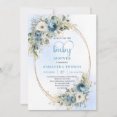 Boho Light Blue Floral Greenery Baby Shower Invite Einladung (Vorderseite)