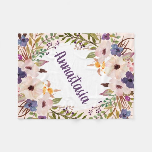 Boho lila Aquarellfarben-Blume Fleecedecke (Vorderseite (Horizontal))
