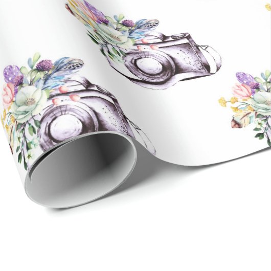 Boho Lila Blue Floral Camera Geschenkpapier (Rolleneckpunkt)