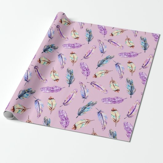 Boho Lila Blue Pink Feather Geschenkpapier (Ungerollt)