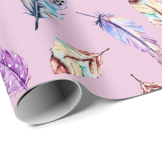 Boho Lila Blue Pink Feather Geschenkpapier (Rolleneckpunkt)