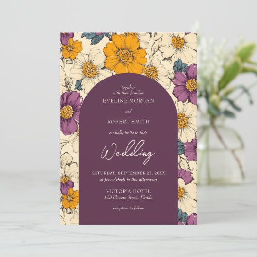 Boho-Lila-Blume Einladung (Stehend Vorderseite)