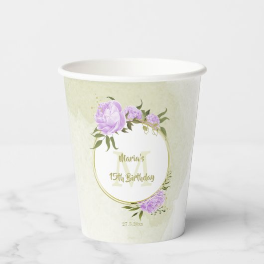 Boho lila Blumen grüne Blätter botanisch Pappbecher (Rückseite)