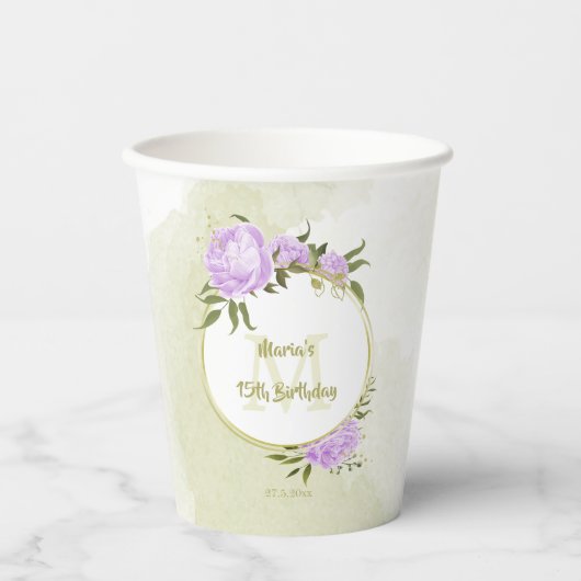 Boho lila Blumen grüne Blätter botanisch Pappbecher (Vorderseite)