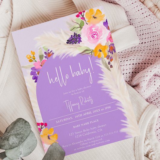 Boho lila Blumenärgerin Hallo Babydusche Einladung