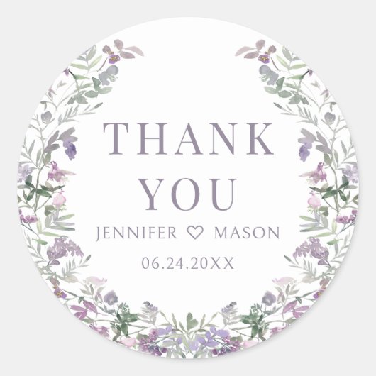 Boho lila Blumenkranz Hochzeit danke Runder Aufkleber (Vorderseite)