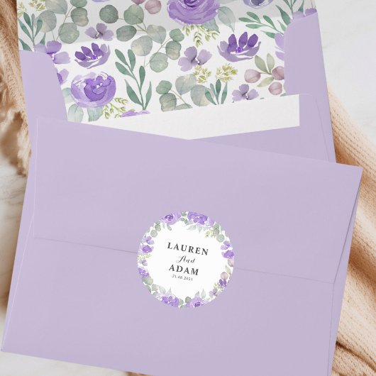 Boho Lila Blumenpaare Namen Hochzeit Runder Aufkleber