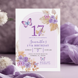 Boho Lila Butterfly Arch 17. Geburtstag Einladung