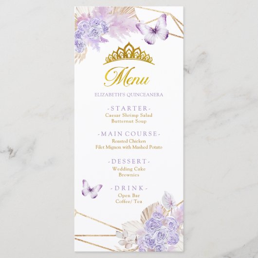 Boho Lila Butterfly Floral Princesa Quinceañera Menükarte (Vorderseite)