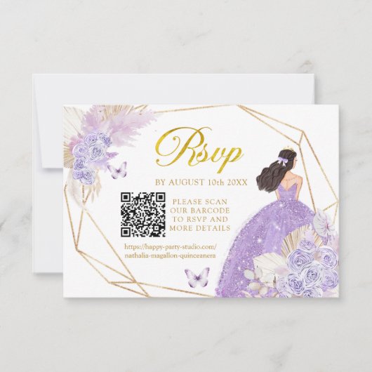 Boho Lila Butterfly Girl Quinceañera QR RSVP Karte (Vorderseite)