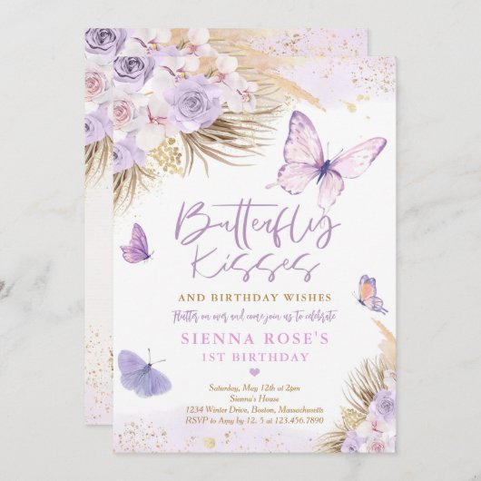 Boho Lila Butterfly Pampas Grass Birthday Party Einladung (Vorne/Hinten)