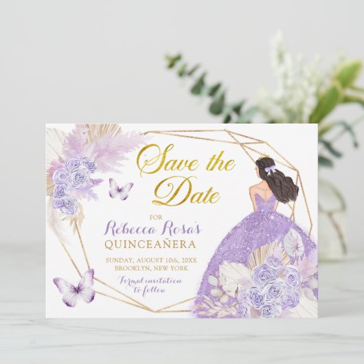 Boho Lila Butterfly Quinceañera Save the Date Einladung (Stehend Vorderseite)