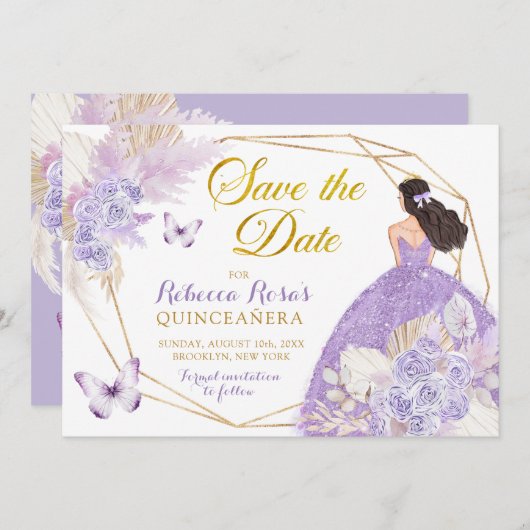 Boho Lila Butterfly Quinceañera Save the Date Einladung (Vorne/Hinten)
