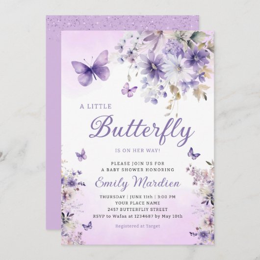 Boho Lila eine kleine Butterfly Girl Babydusche Einladung (Vorne/Hinten)