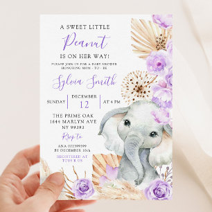 Boho Lila Elephant Girl Floral Baby Dusche Einladung