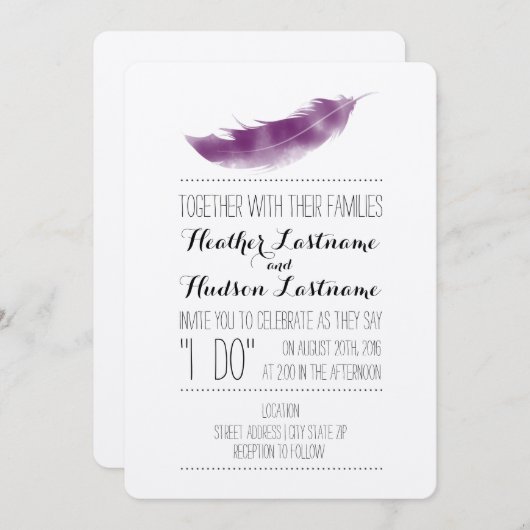Boho Lila Feather I Do Wedding Einladung (Vorne/Hinten)