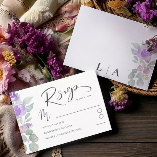 Boho Lila Floral Eucalyptus Wedding RSVP Karte