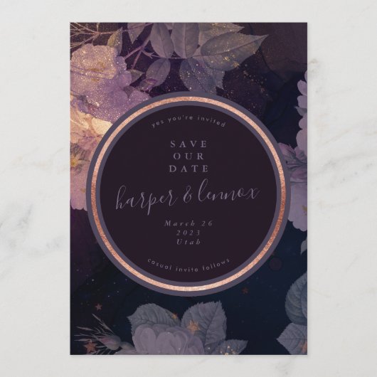 Boho Lila Floral Fall Rose Gold Foto Save The Date (Vorderseite)