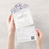 Boho Lila Floral Imitate Gold Script Wedding All In One Einladung (Abreißen)
