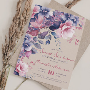 Boho Lila Floral Sweet 16 Geburtstagskampagne Einladung