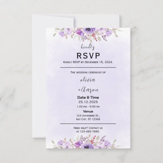 Boho Lila Floral Wedding RSVP Cards Karte (Vorderseite)
