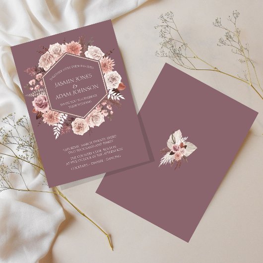 Boho Lila getrocknete Blume Wreath Wedding Einladung