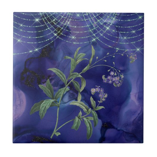 Boho Lila Grün Blumenlichter Fliese (Vorderseite)