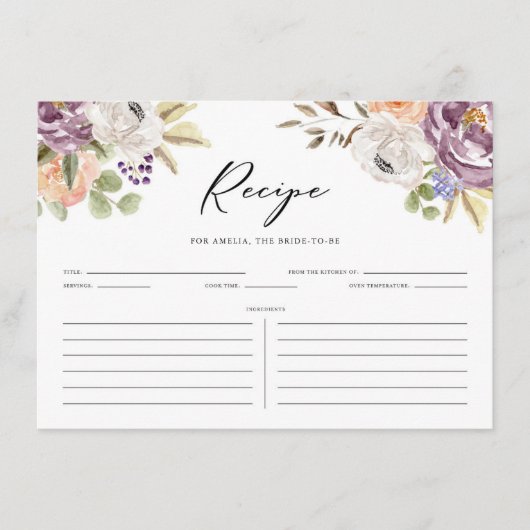 Boho Lila Herbst Blume Brautparty Rezept Begleitkarte (Vorderseite)