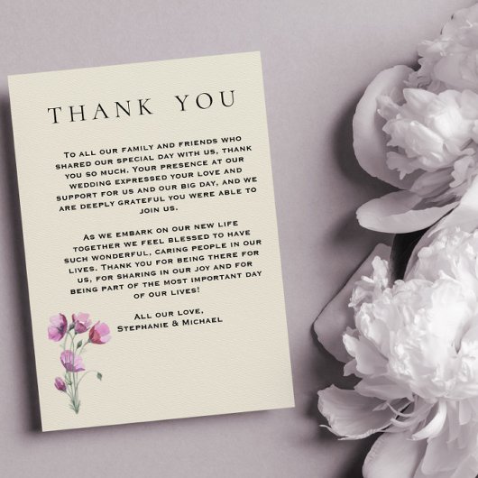 Boho Lila Hochzeit mit Blumen und Antiquitäten Dankeskarte