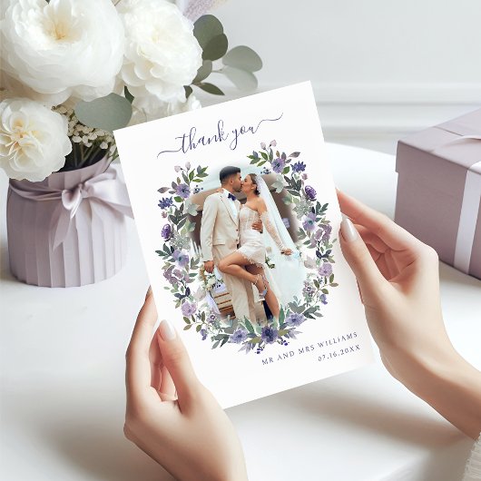 Boho Lila Lavender Floral Wreath Wedding Foto Dankeskarte
