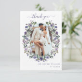 Boho Lila Lavender Floral Wreath Wedding Foto Dankeskarte (Stehend Vorderseite)